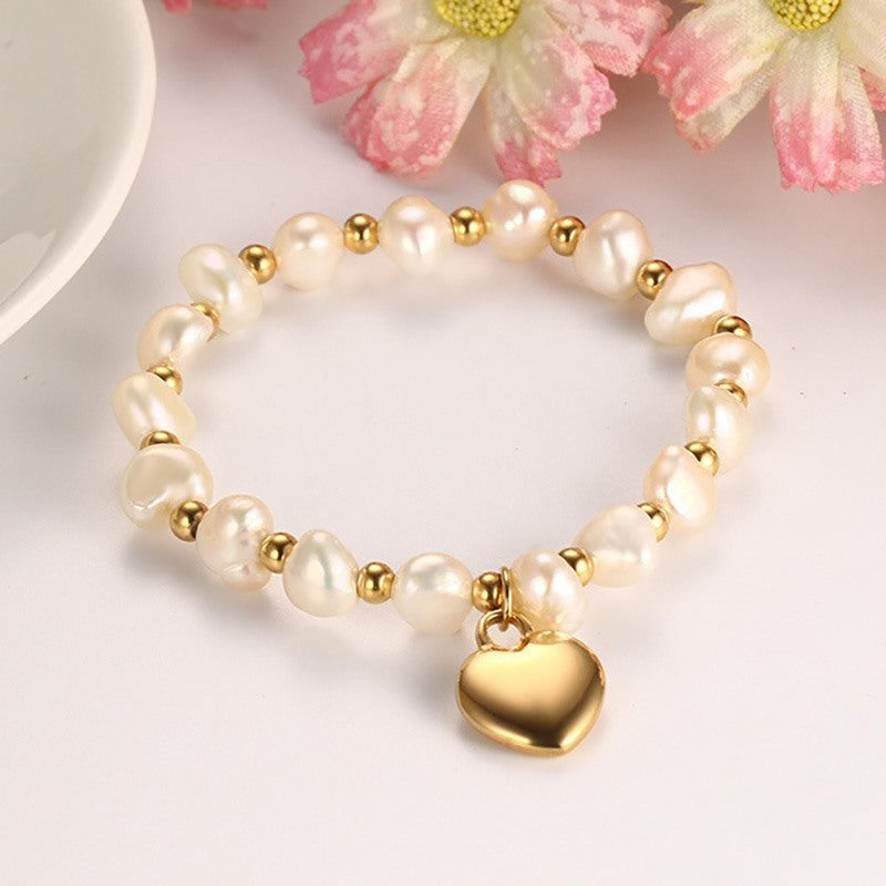 Freshwater Pearl and Titanium Steel Ball Accents Bracelet with Heart Pendant