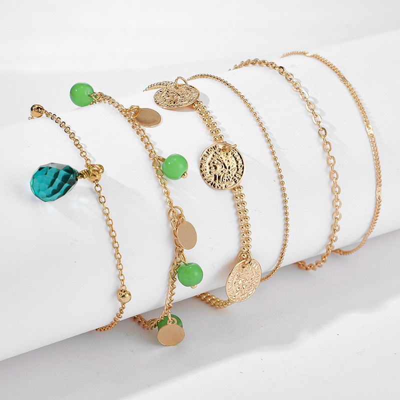 Bohemian Green Gemstone Tassel Disc Multilayer Bracelet