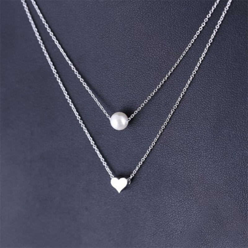 Bohemian Fashion Simple Pearl Love Double Clavicle Chain Necklace