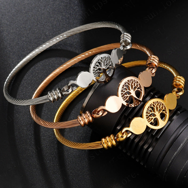 Brushed Stainless Steel Hollow Life Tree Braided Bracelet