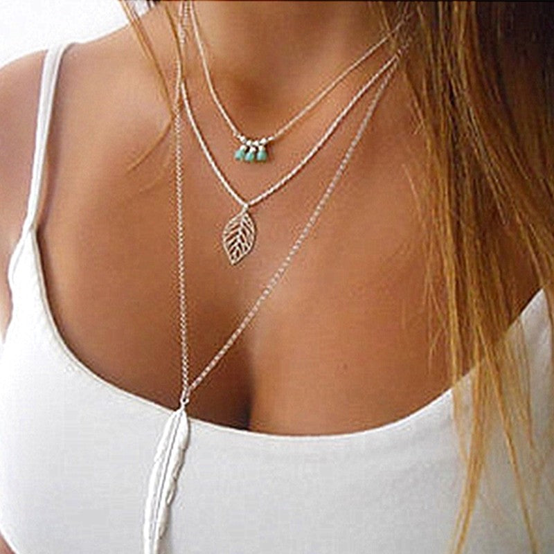 Gold Silver Chain Long Feather Necklace