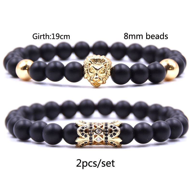 2 Pieces Of Men's Black Micro-inlaid Zircon Bracelet Set  With Beast, King, Lion Head For Couples