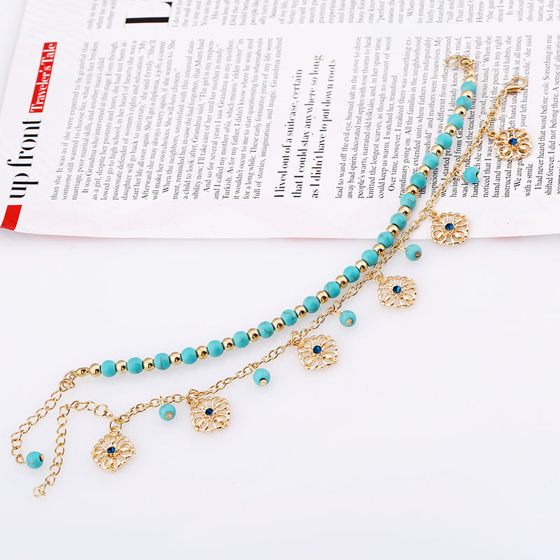 Turquoise Hollow Rose Flower Pendant Tassel Two-piece Combination Anklet
