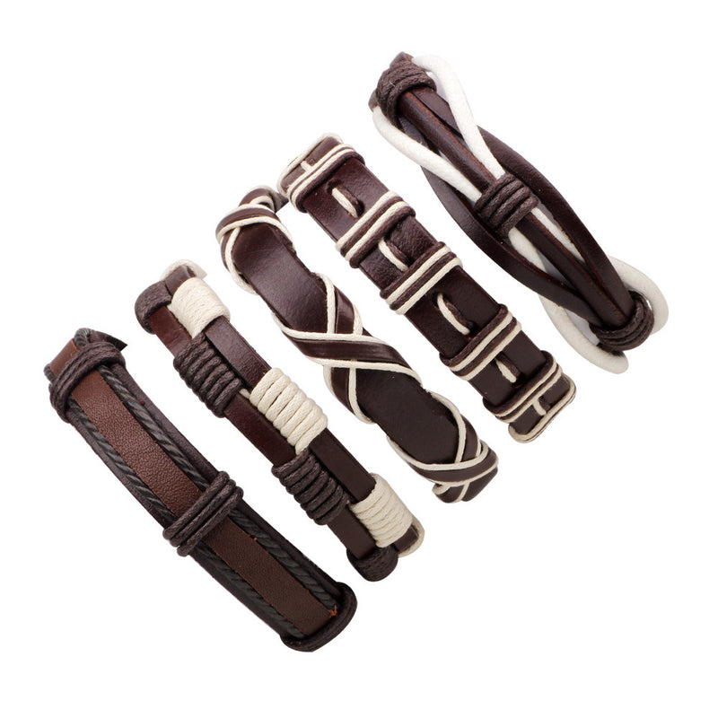 Men's Five-Piece Brown Cowhide Leather Woven Bracelet Set