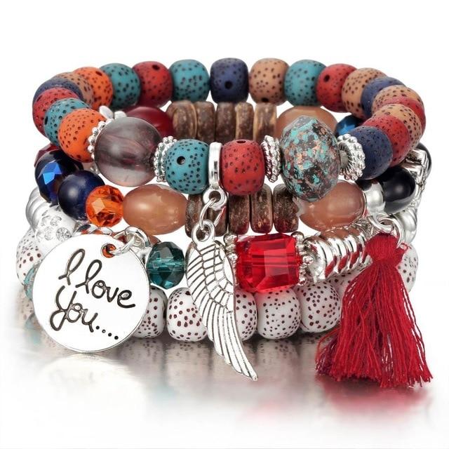 Layered Wing Tassel Crystal and Lava Stone Jewelry Bracelet