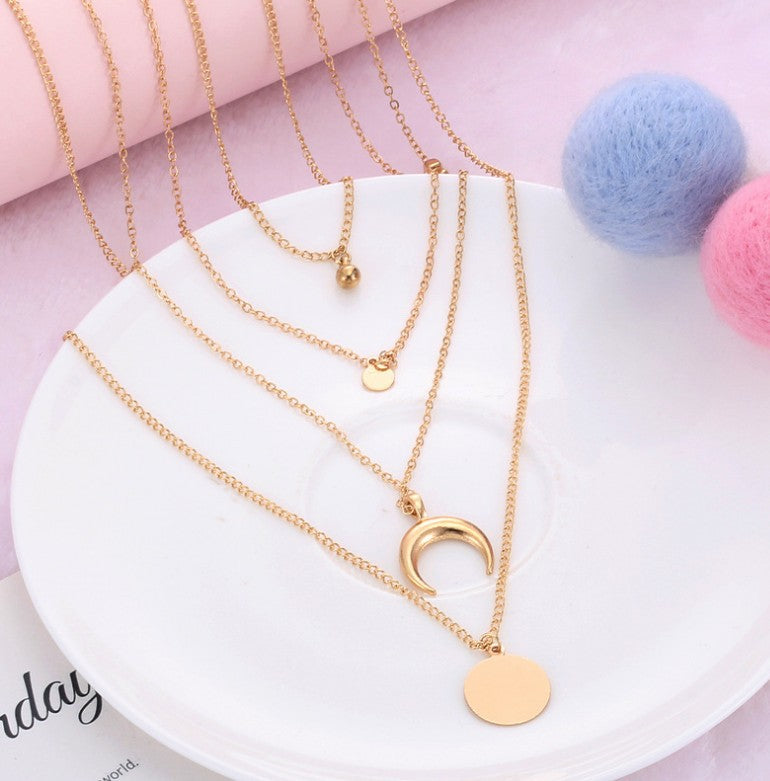 Retro Ethnic Style Moon Horn Disc Alloy Multilayer Necklace