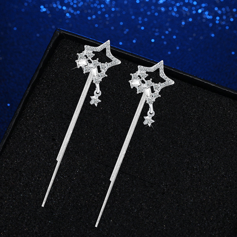 Long Silver Five-Pointed Star Earrings