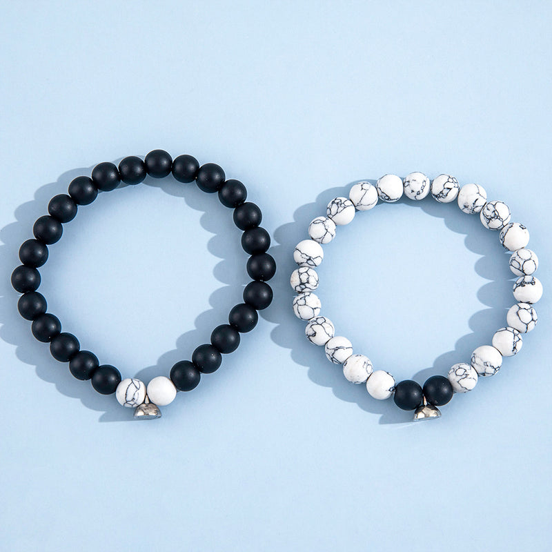 Black And White Frosted Stone Magnetic Buckle Elastic Bracelet