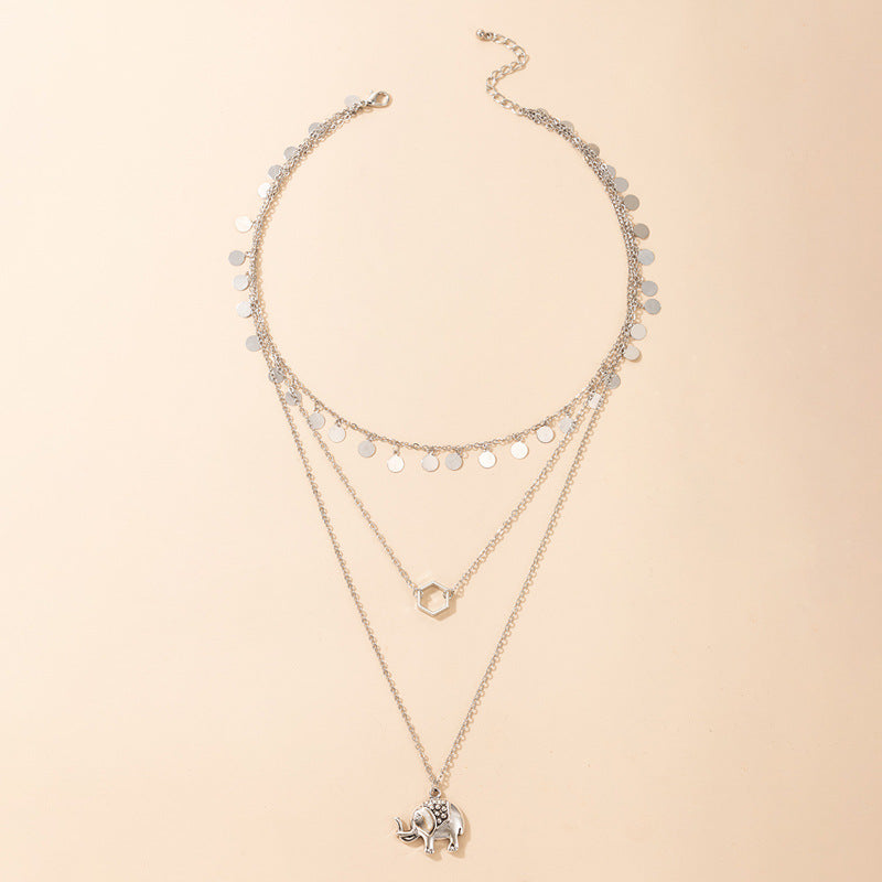 Fashion Ins Style Disc Diamond Elephant Pendant Long Multi-layer Alloy Necklace Necklace