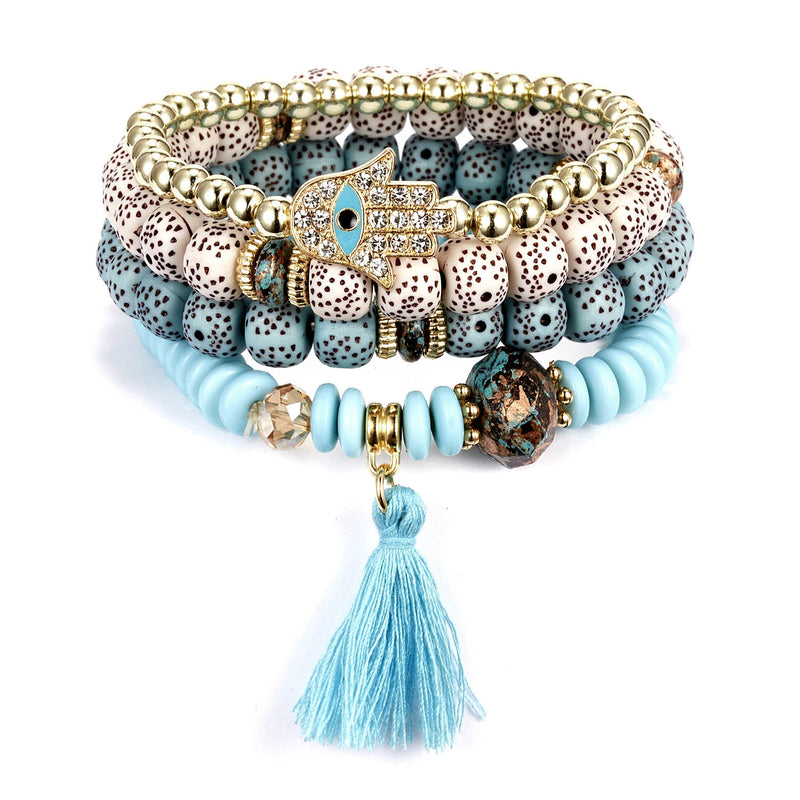 Fashion New Multi-layer Beaded Bracelet 4-pack Palm Tassel Bodhi Beads Beaded Elastic Bracelet Set