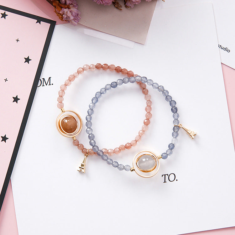 Women's Sweet Simple Hollow Geometric Round Crystal Beaded Bracelet With Tower Charm
