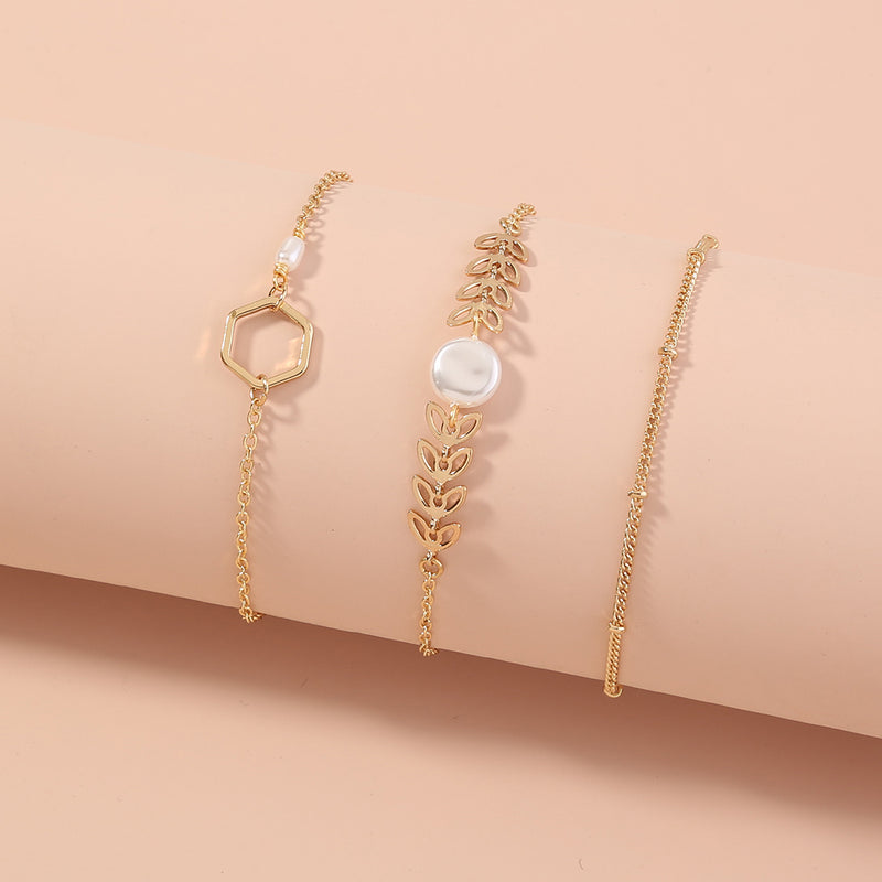 Fashion creative leaf wheat ear geometry pearl bracelet set of 3 pieces