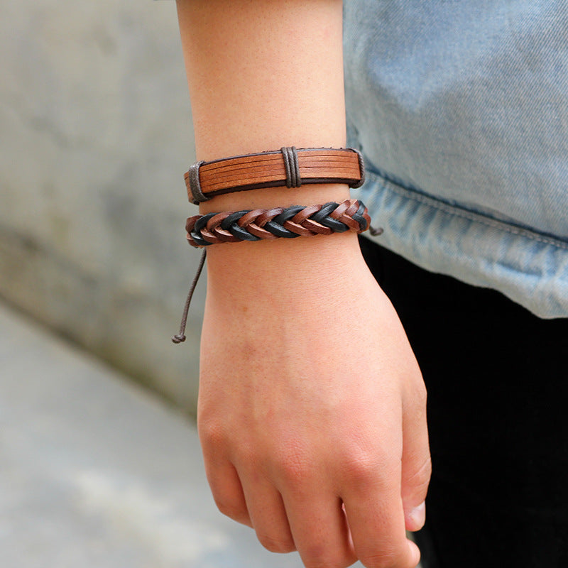 Men's Five-Piece Brown Cowhide Leather Woven Bracelet Set