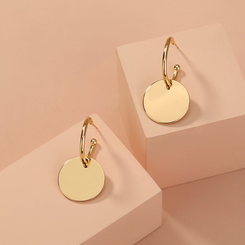 Simple metal c-shaped Earhook, stylish round pendant earrings for women