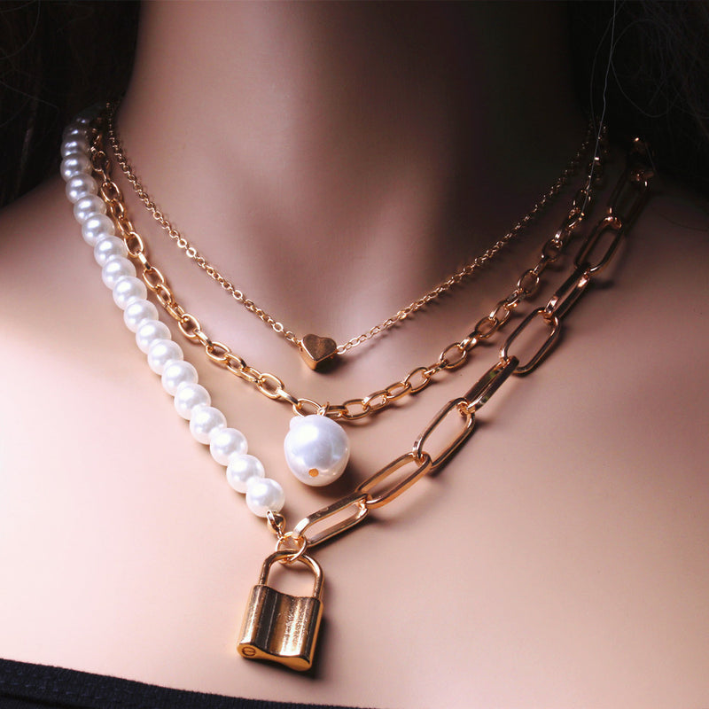 Baroque Pearl Small Lock Peach Heart Multilayer Necklace