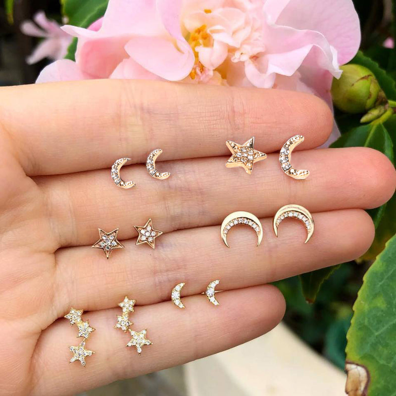 Stars And Moon With Diamonds 6 Pairs Of Stud Earrings