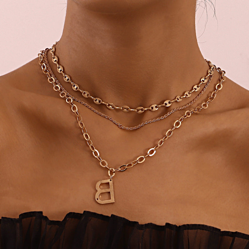 Personalized Exaggerated Multi-layer Necklace With Diamond Letter B Pendant