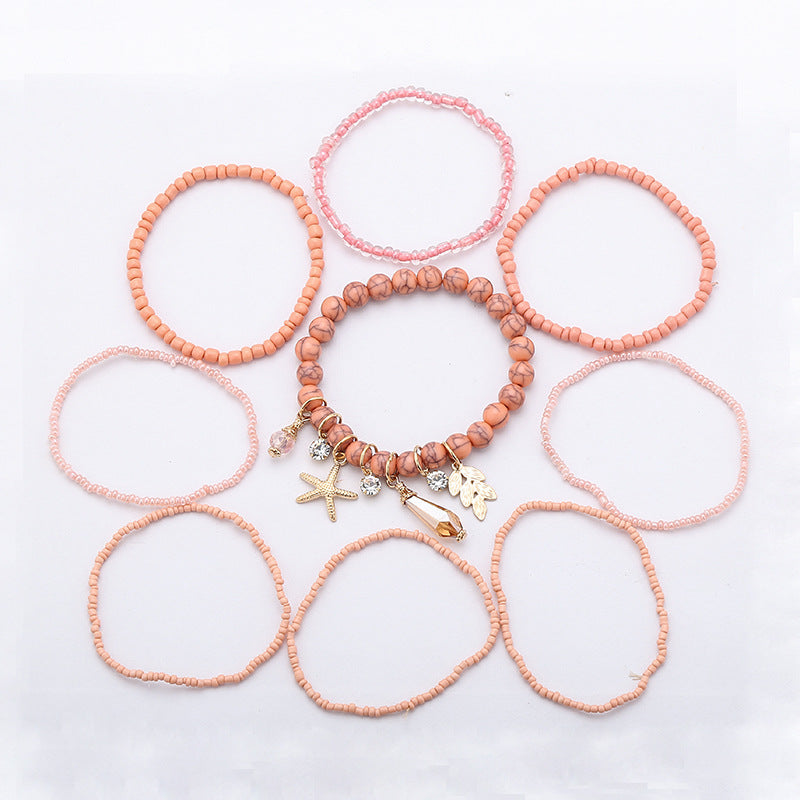 Ocean Wind Alloy Starfish Pendant Multi-layer Rice Bead Bracelet