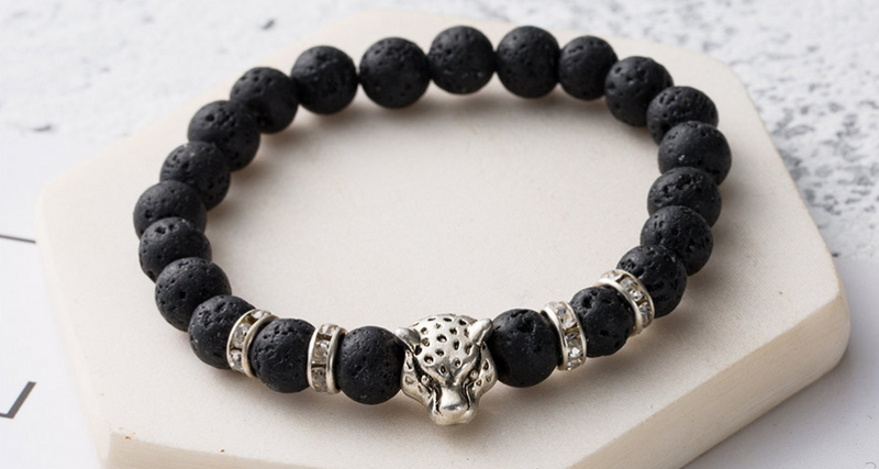 Natural Stone Lava Bead Handmade Bracelet with Leopard Head Pendant