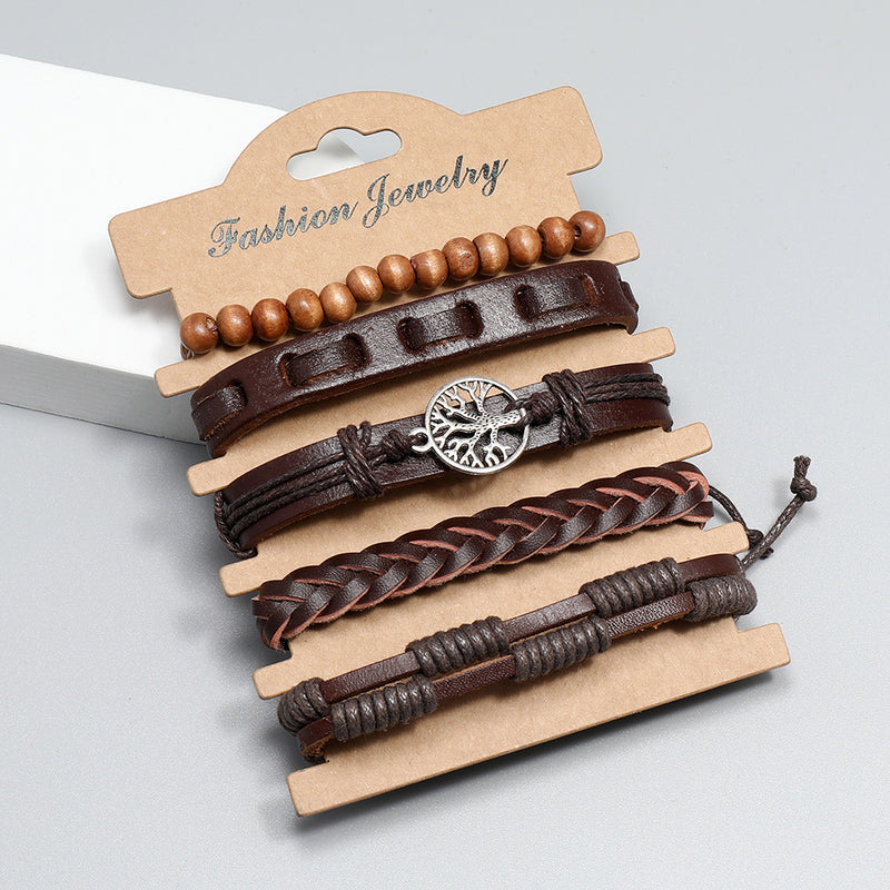 Personality Handmade Weave Vintage Leather Bracelet Diy5 Piece Set Lucky Tree Set Bracelet