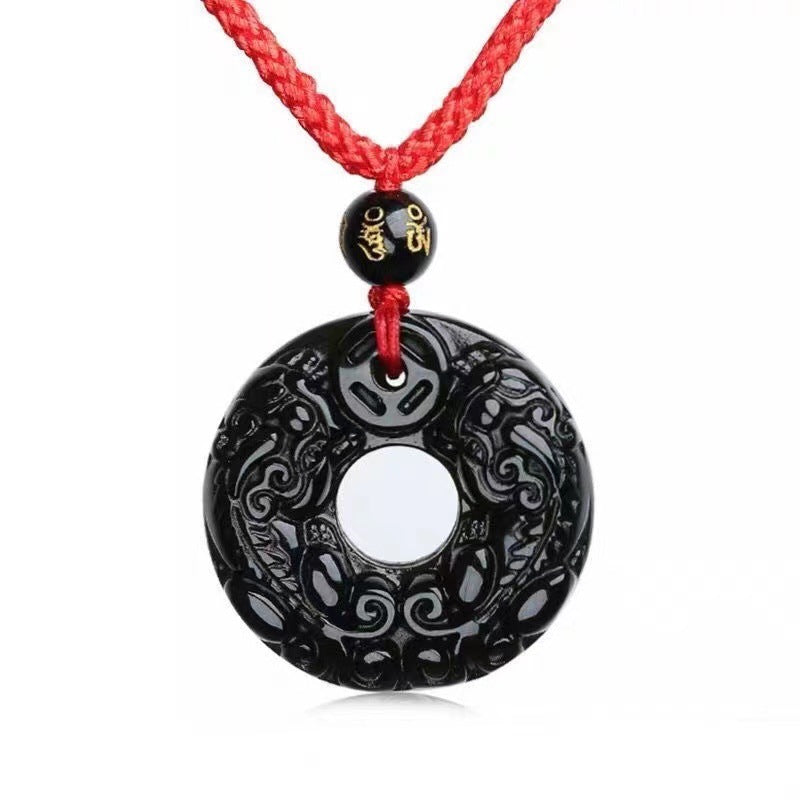 Obsidian Double Pixiu Round Button Pendant Necklace