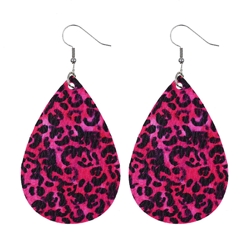 Leather Earrings With Drop-shaped Leopard Print On Both Sides