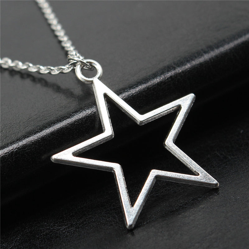 Silver Hollowed Out Pentagram Pendant Cross Chain Women's Necklace