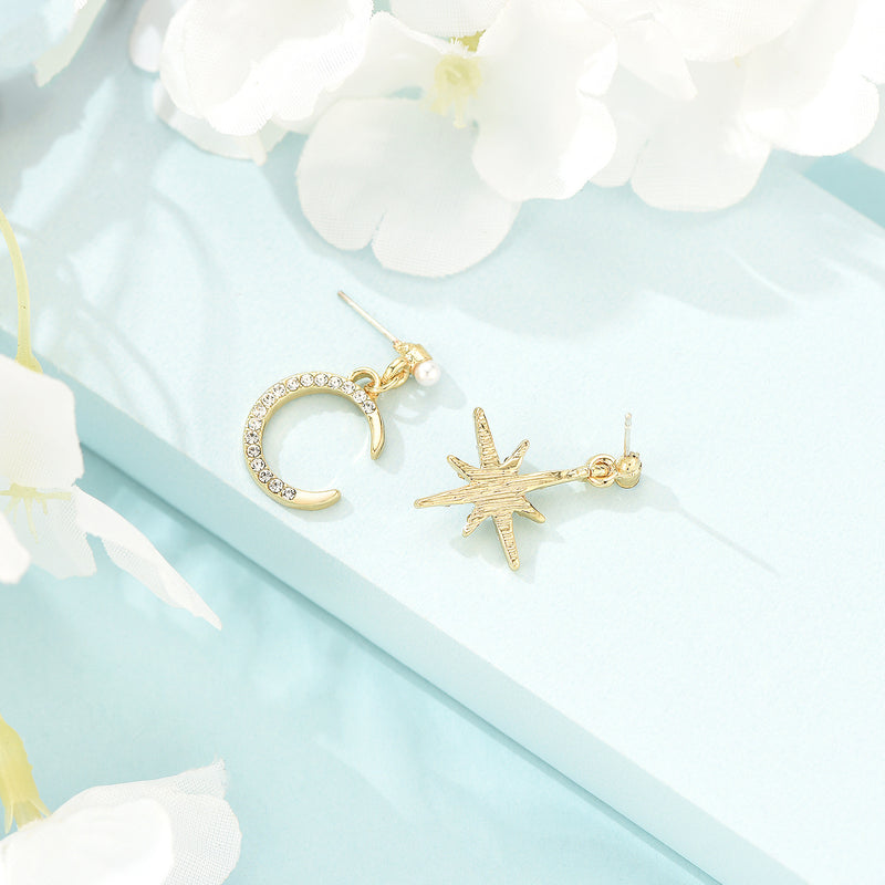 Eight-pointed Star Star And Moon Full Diamond Asymmetric Earrings