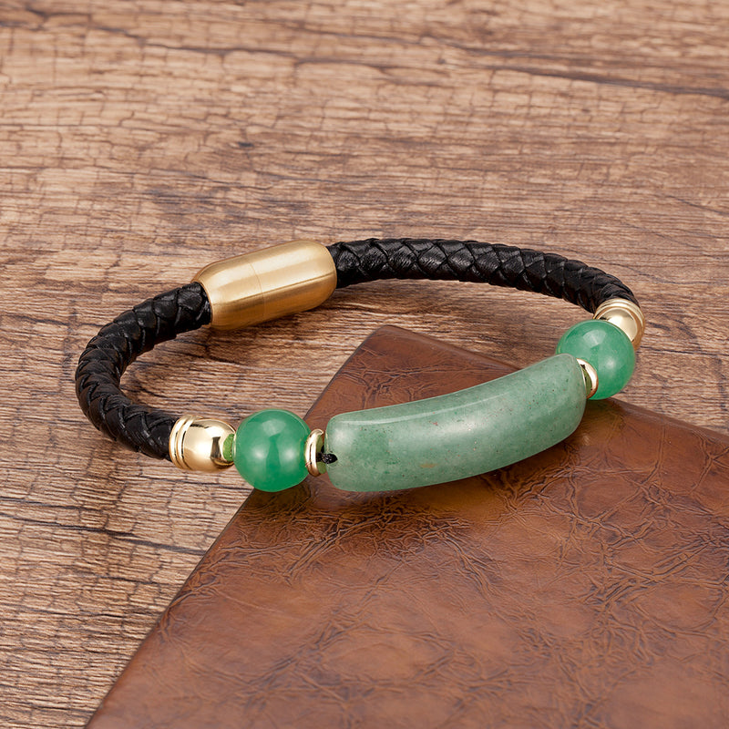 Curved Stone Leather Rope Braided Bracelet