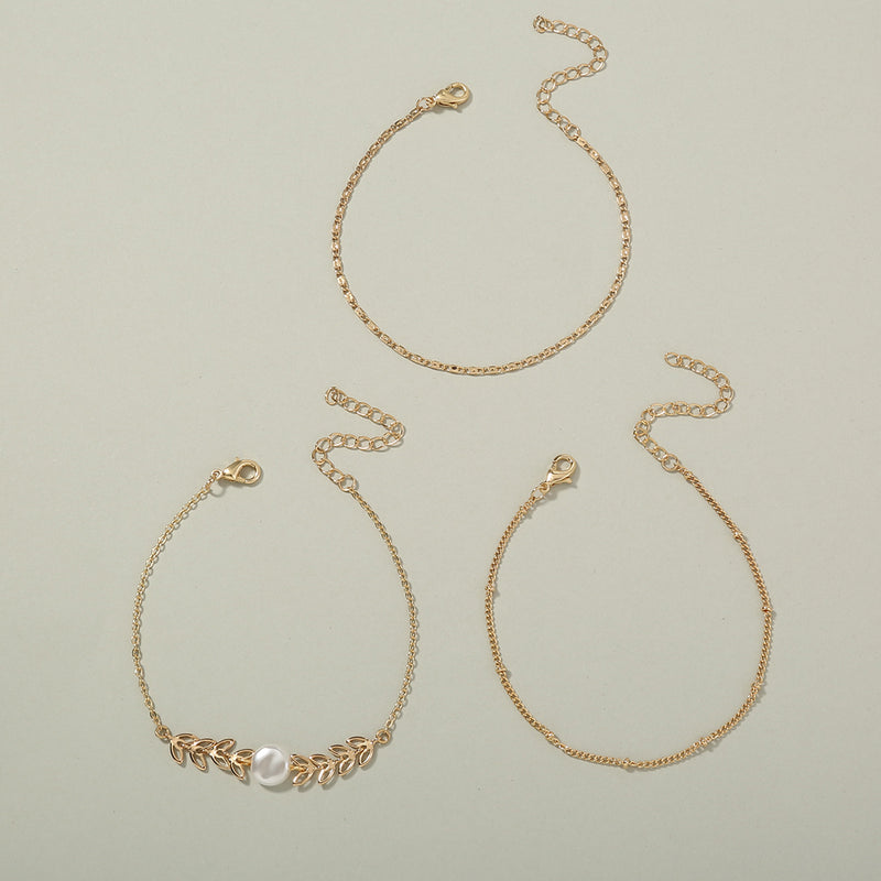 Simple and versatile design fashion multi-layer jewelry wheat ear flat Pearl multi-layer Bracelet three-piece set