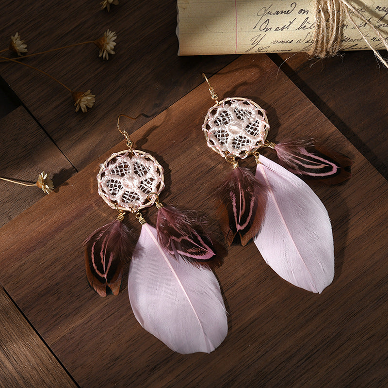 Women's Dream Catcher Flower Braided Feather Earrings