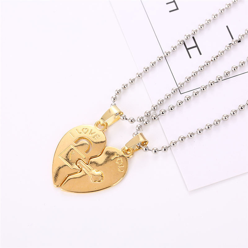 Golden Love Stitching Key Lock Pendant Round Bead Chain Necklace