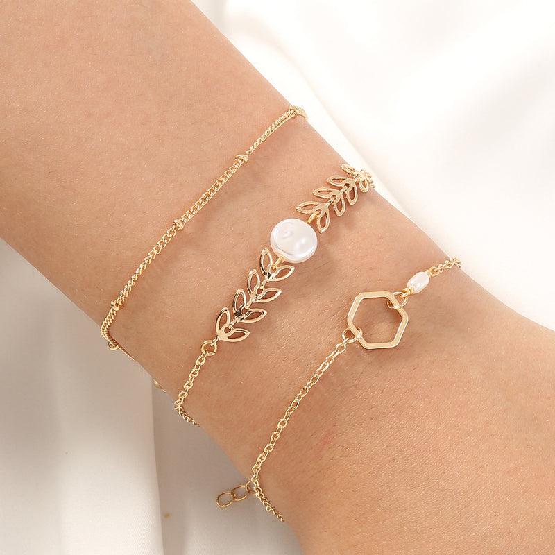 Fashion creative leaf wheat ear geometry pearl bracelet set of 3 pieces