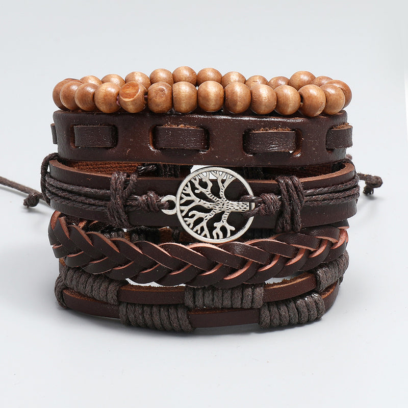 Personality Handmade Weave Vintage Leather Bracelet Diy5 Piece Set Lucky Tree Set Bracelet
