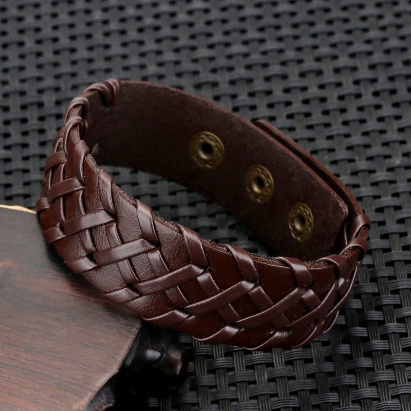 Men's Black Woven Leather Fashion Adjustable Bracelet