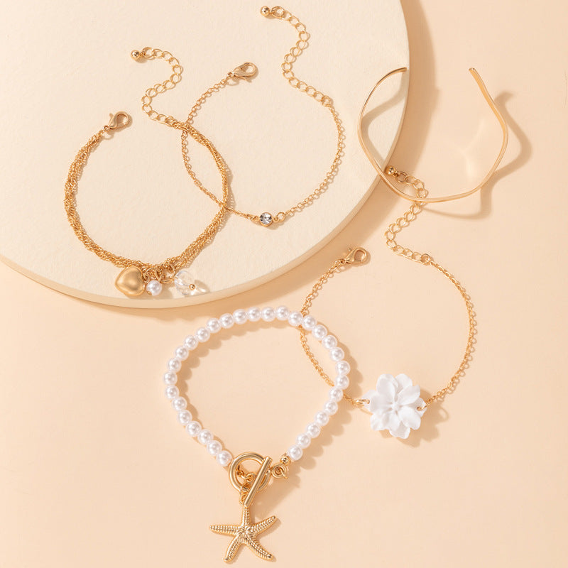 White Flower Love Starfish Pendant Pearl Bracelet 5 Piece Set Female