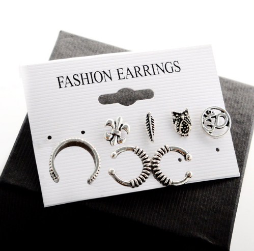 7Pack Earrings Bohemia Ancient Ship Anchor, Leaf Owl Earrings Kit