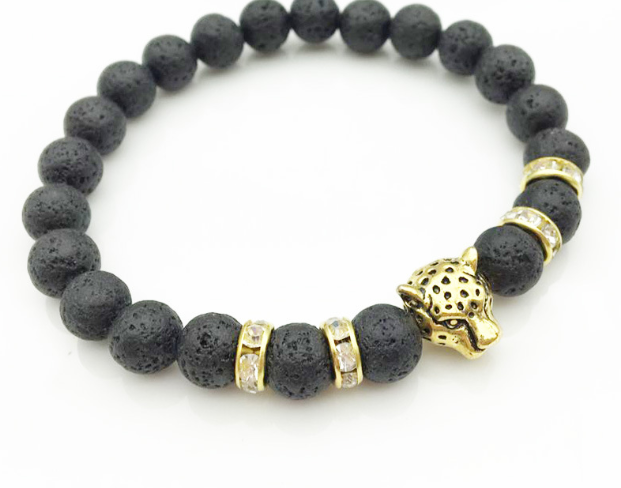 Natural Stone Lava Bead Handmade Bracelet with Leopard Head Pendant