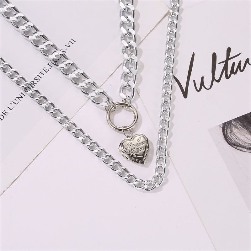 Double Heart Pendant Thick Chain Necklace