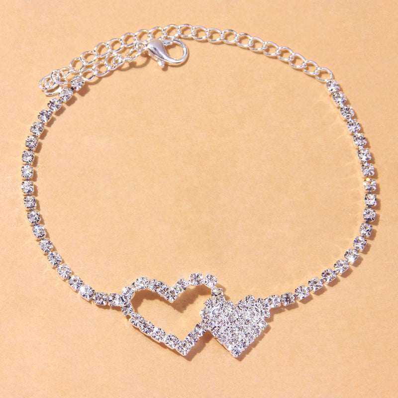 Hot Selling Full Rhinestone Double Heart Anklet In Europe And America