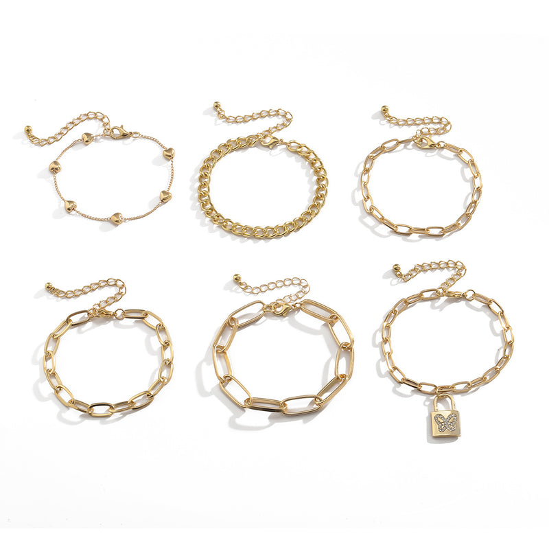 Retro Peach Heart Cross Chain Bracelet Female Creative Diamond-studded Butterfly Lock Bracelet Set