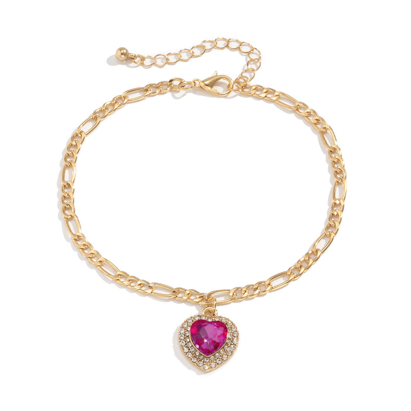 Frosty Wind Rhinestone Peach Heart Metal Chain Anklet