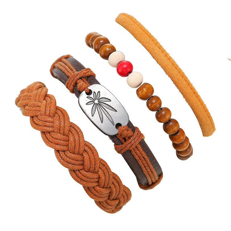 Multi-piece Cowhide Leather Bracelet With Leaf Charm