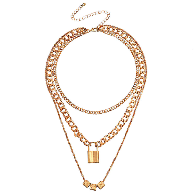 Multilayer Cuban Thick Chain Dice Lock Row Pendant Necklace