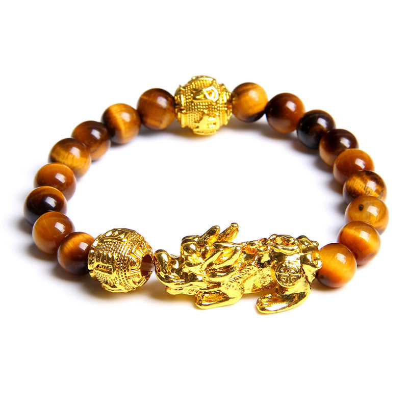 Tiger eye stone elastic brave gold plated ball bracelet