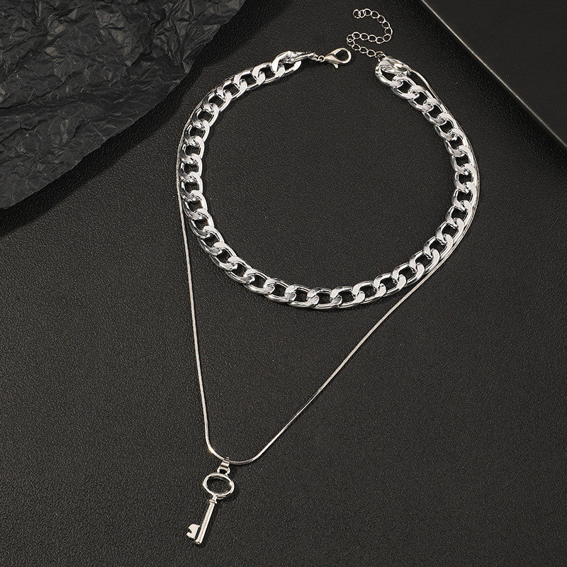 Simple Key Double-layer Necklace With Chain Metal Texture