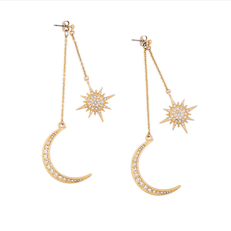 Diamond rhinestone tassel sun moon stud earrings