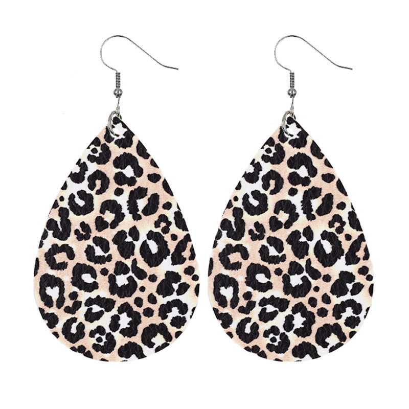 Leather Earrings With Drop-shaped Leopard Print On Both Sides