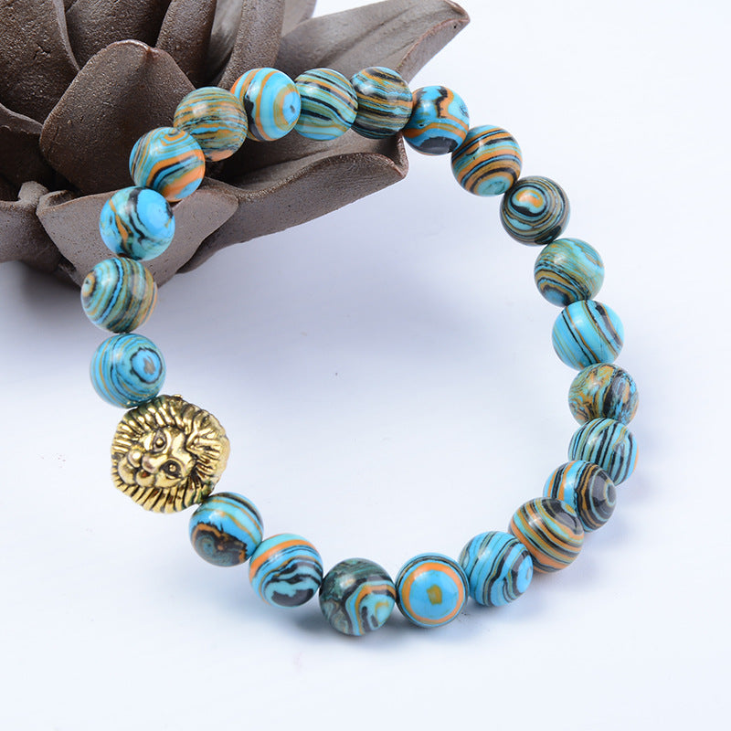 Blue Malachite Lion Head Beaded Bracelet