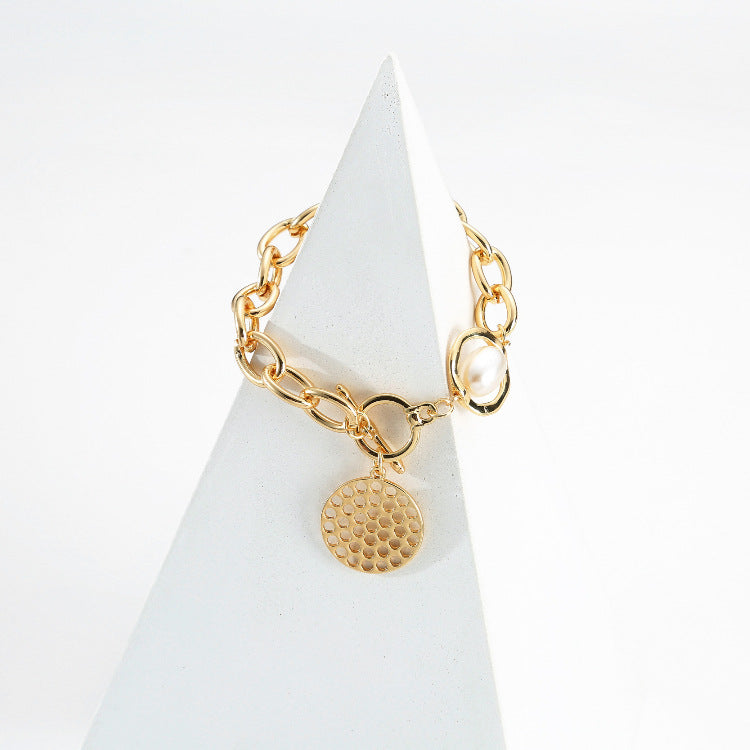 Chain Pearl OT Buckle Hollow Disc Bracelet